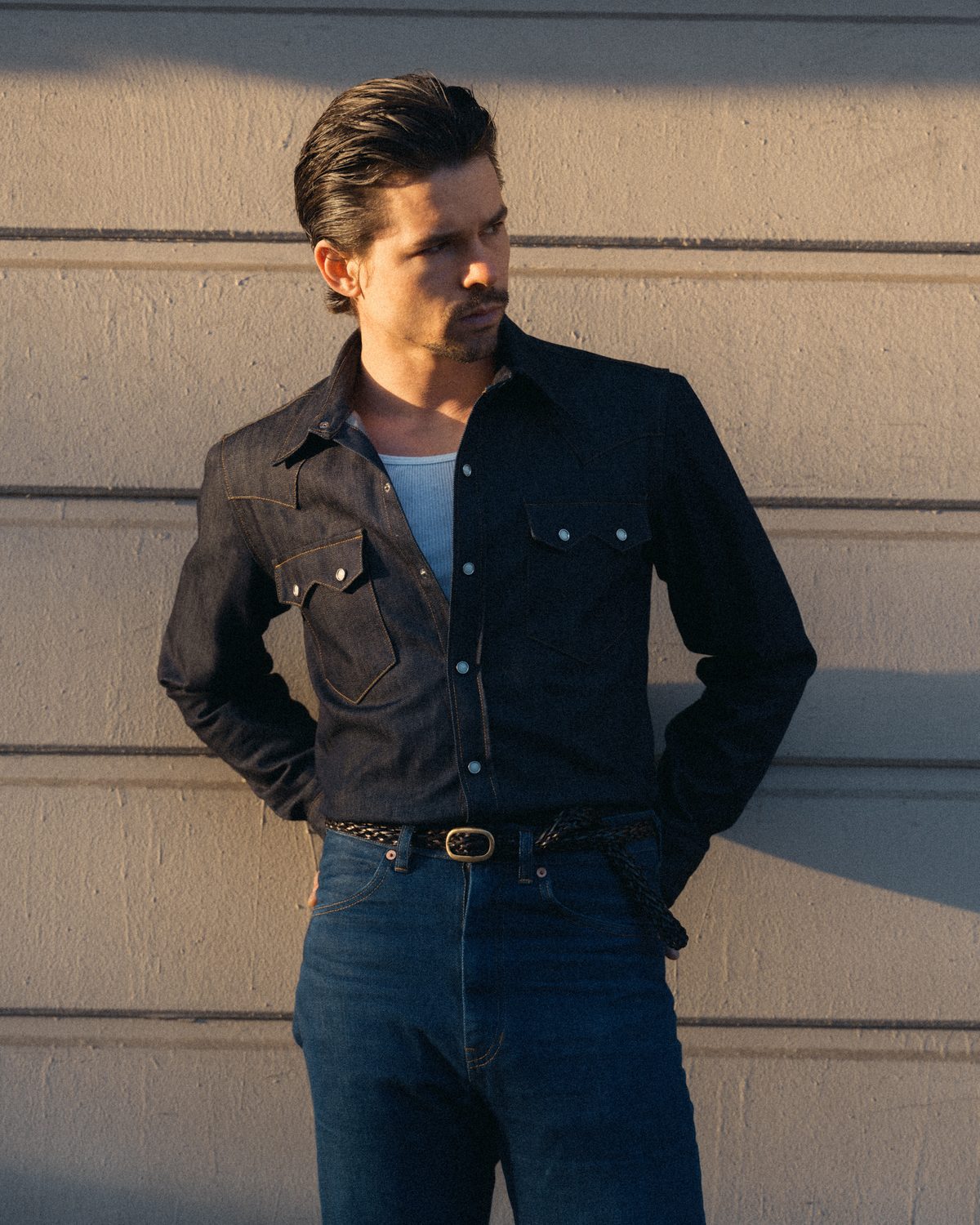 Western shirt and cowboy jean at golden hour